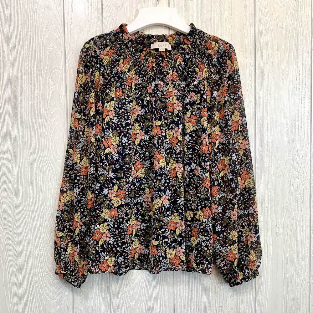LOFT Black Floral Long Sleeve Top Small